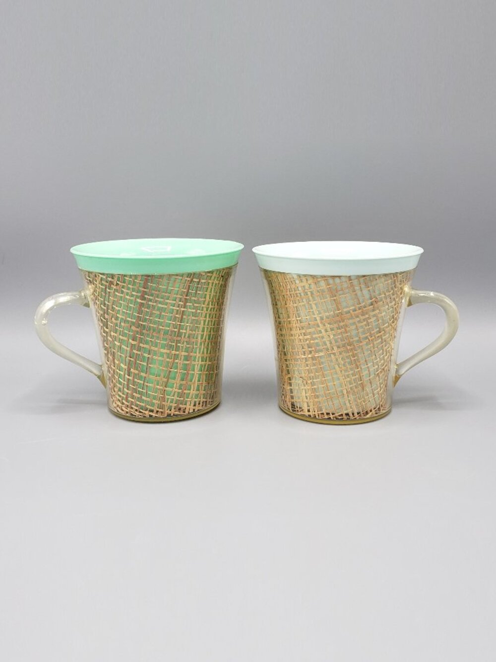 Lot of 2 Vintage Raffiaware Insulated Mugs Plastic Handles Flared Rims MCM Tiki